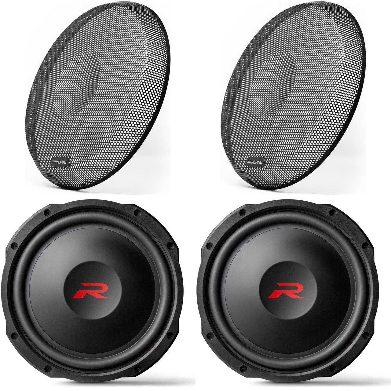 Alpine (2) RS-W12D4 12-inch R-Series Shallow Subwoofer Dual 4 Ohm & Grill Bundle