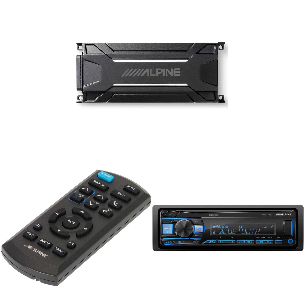 Alpine UTE-73BT, RUE-4360 Remote with KTA-30MW Mono Weather Resistant Tough Power Pack Amplifier Bundle