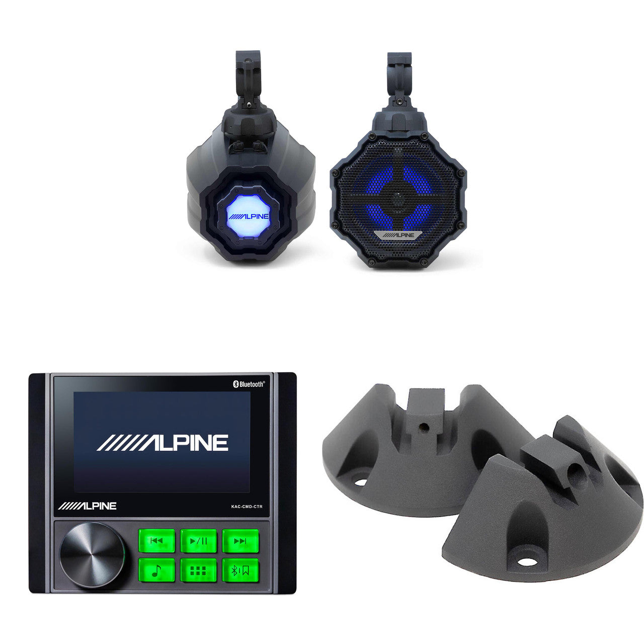 Alpine KAC-CMD-CTR Power Sports / Marine Source, SPV-65RGB-CAN 6.5” Cage-Mounted Universal Weather-Resistant Coaxial RGB LED Speaker Pods w/ KTE-65CAN-SM Surface Mounts