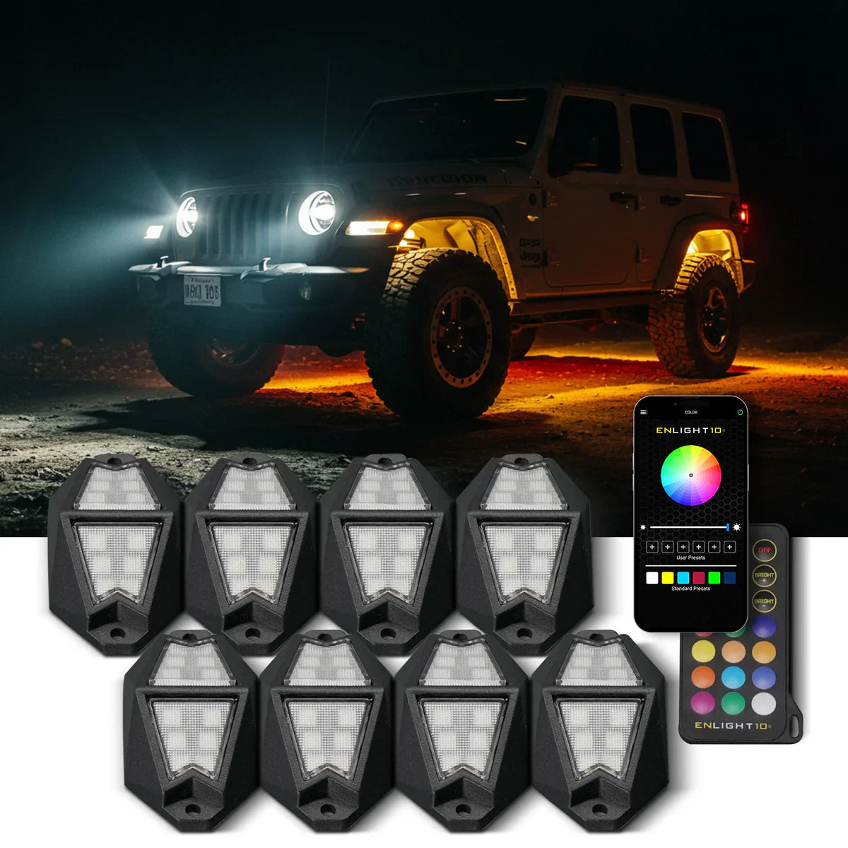 Stinger 8-Pc RGB Dynamic Rock Light Kit w/Bluetooth Remote & On/Off Switch - ENLIGHT10 App Compatible