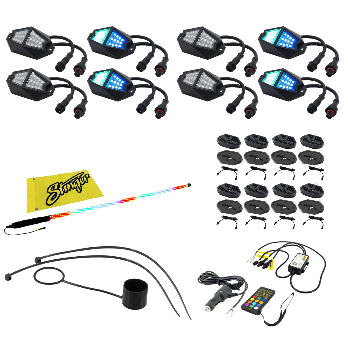 Stinger 4ft Dynamic LED Whip Light & 8pc RGB Dynamic Rock Light Kit Bundle - ENLIGHT10 App Compatible