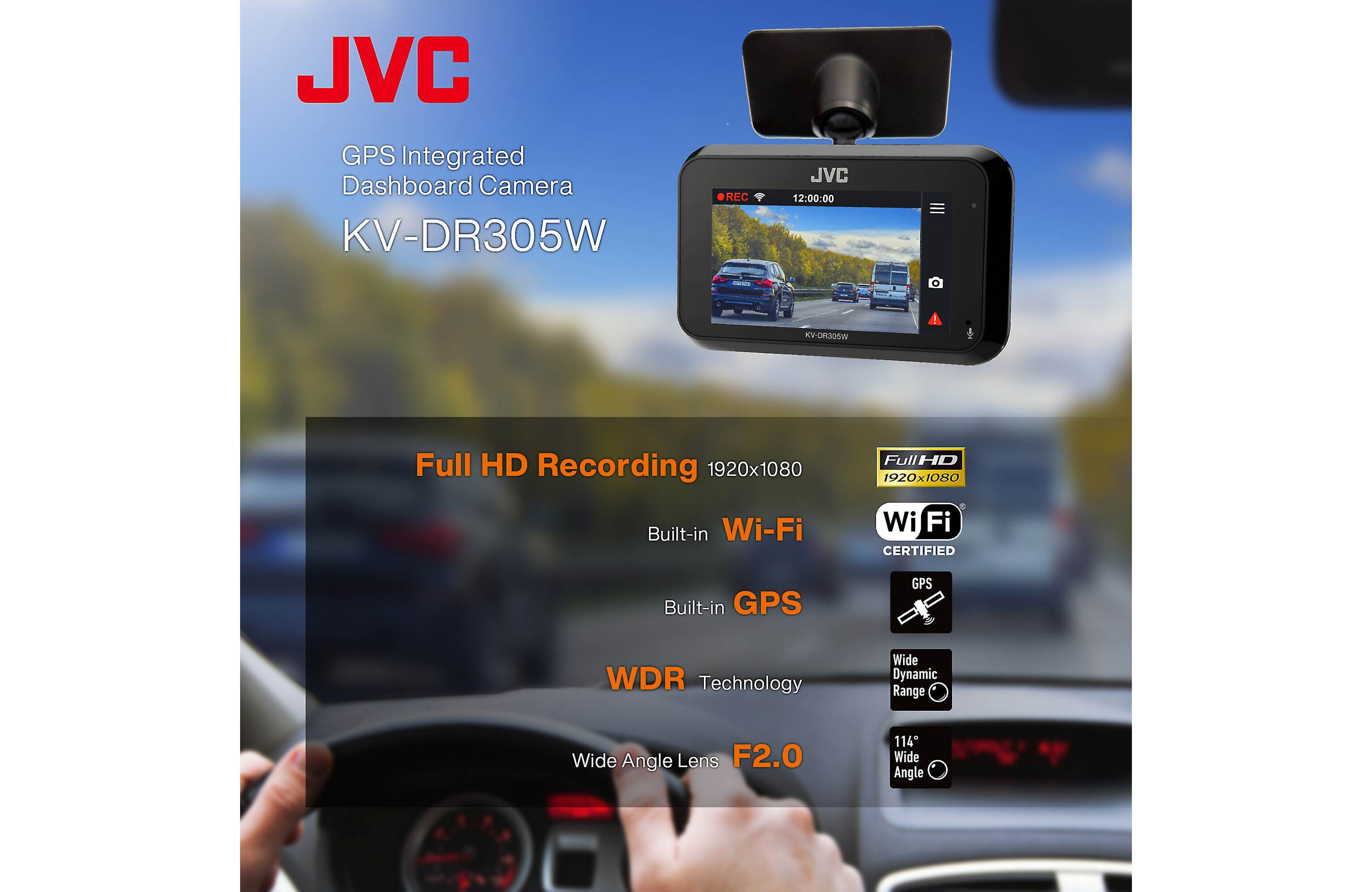 JVC KV-DR305W HD dash cam with 2.7