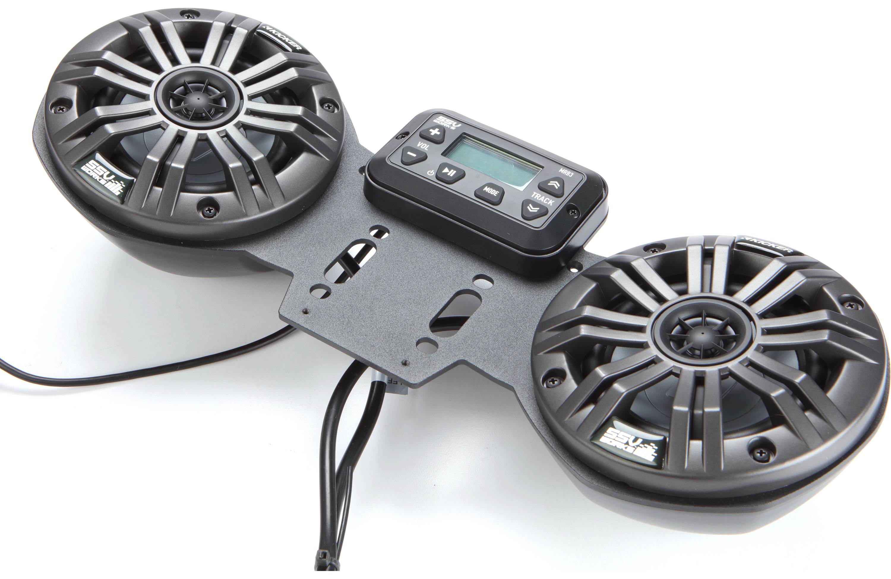SSV Works RKR-2K 2-speaker audio kit for the Can-Am Ryker — includes the MRB3 Bluetooth controller and two Kicker 4