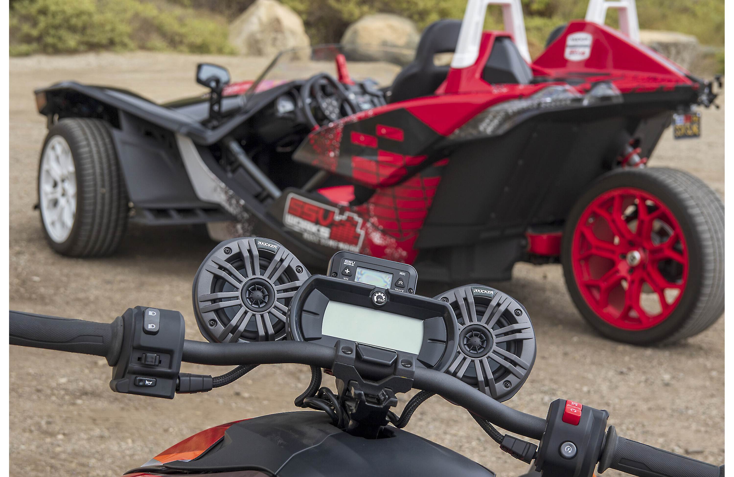 SSV Works RKR-2K 2-speaker audio kit for the Can-Am Ryker — includes the MRB3 Bluetooth controller and two Kicker 4