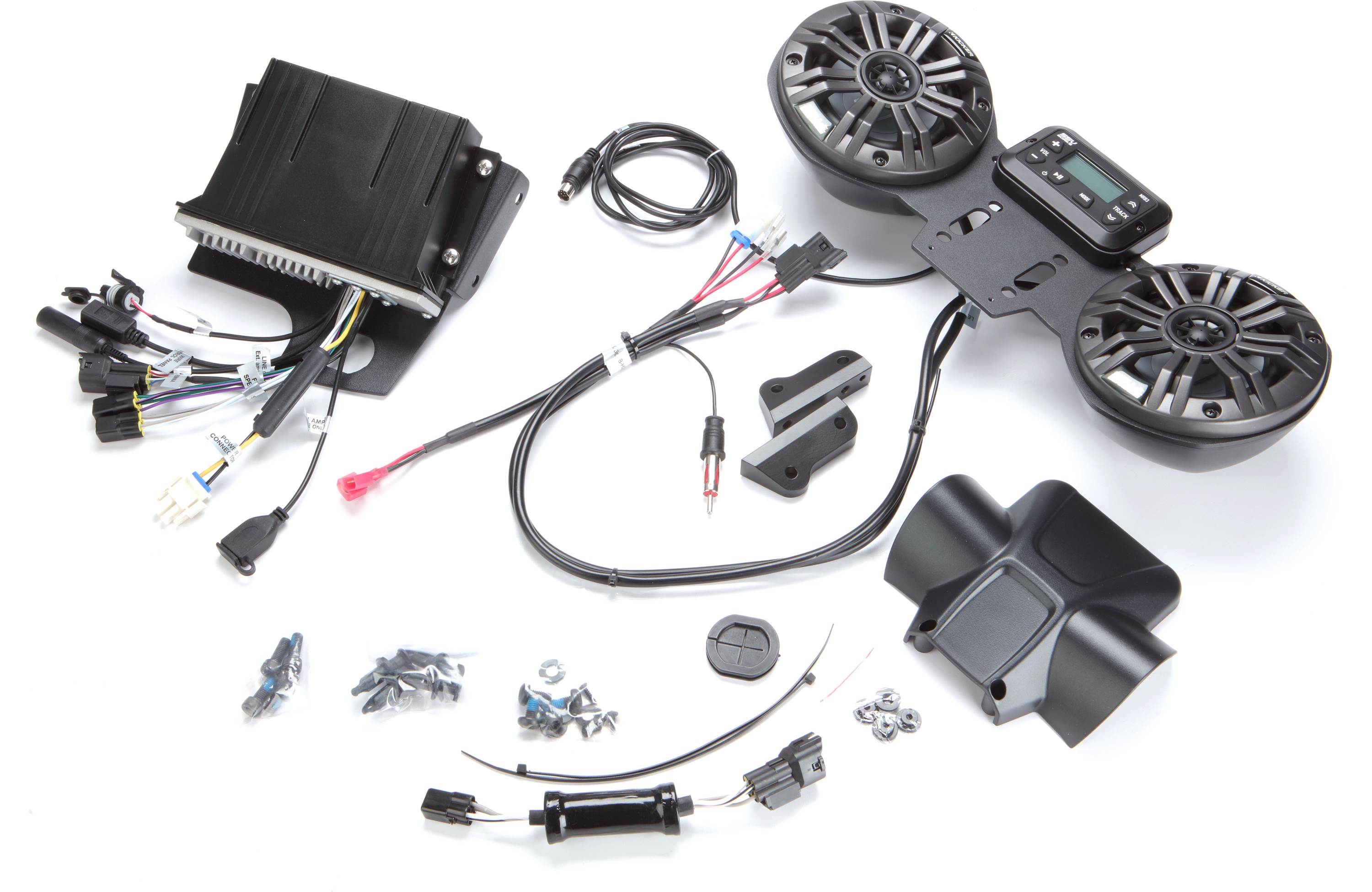 SSV Works RKR-2K 2-speaker audio kit for the Can-Am Ryker — includes the MRB3 Bluetooth controller and two Kicker 4