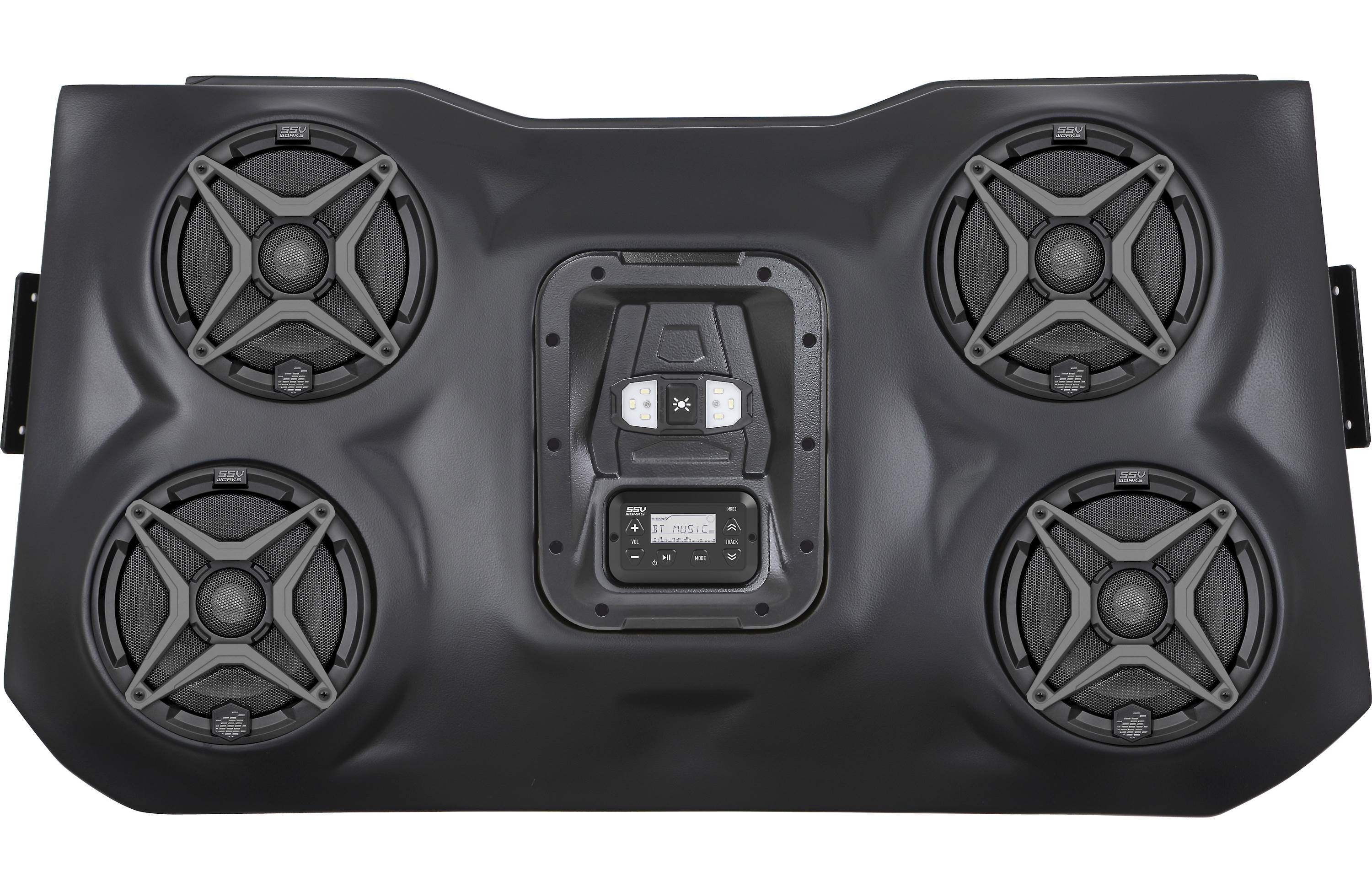 SSV Works 170-WP3-RZ3O4A Custom-fit overhead soundbar with a digital media receiver and four WP-A6 speakers — designed to fit in select Polaris RZR 2-seaters