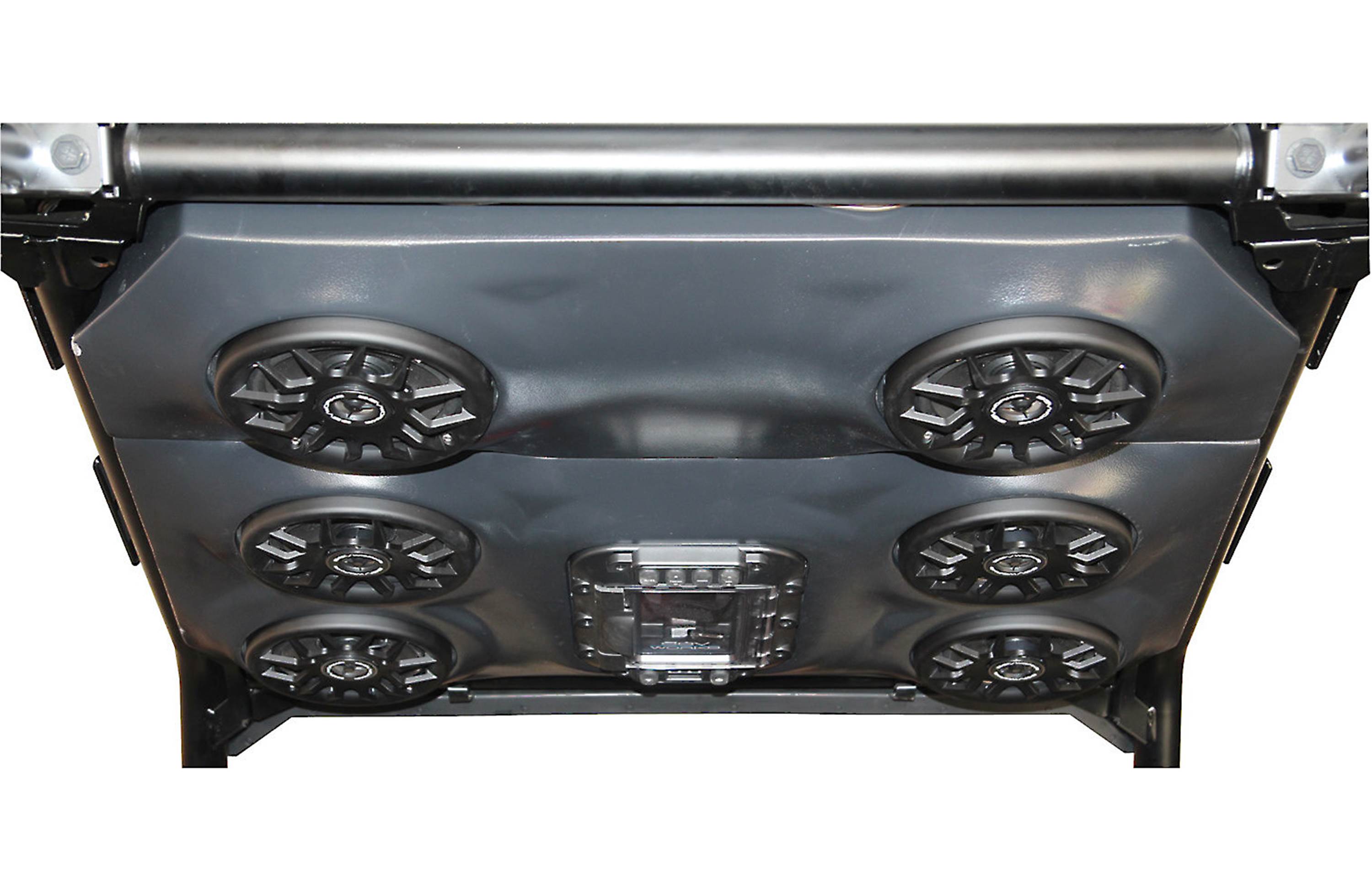 SSV Works 170-WP3-RZ3O4A Custom-fit overhead soundbar with a digital media receiver and four WP-A6 speakers — designed to fit in select Polaris RZR 2-seaters