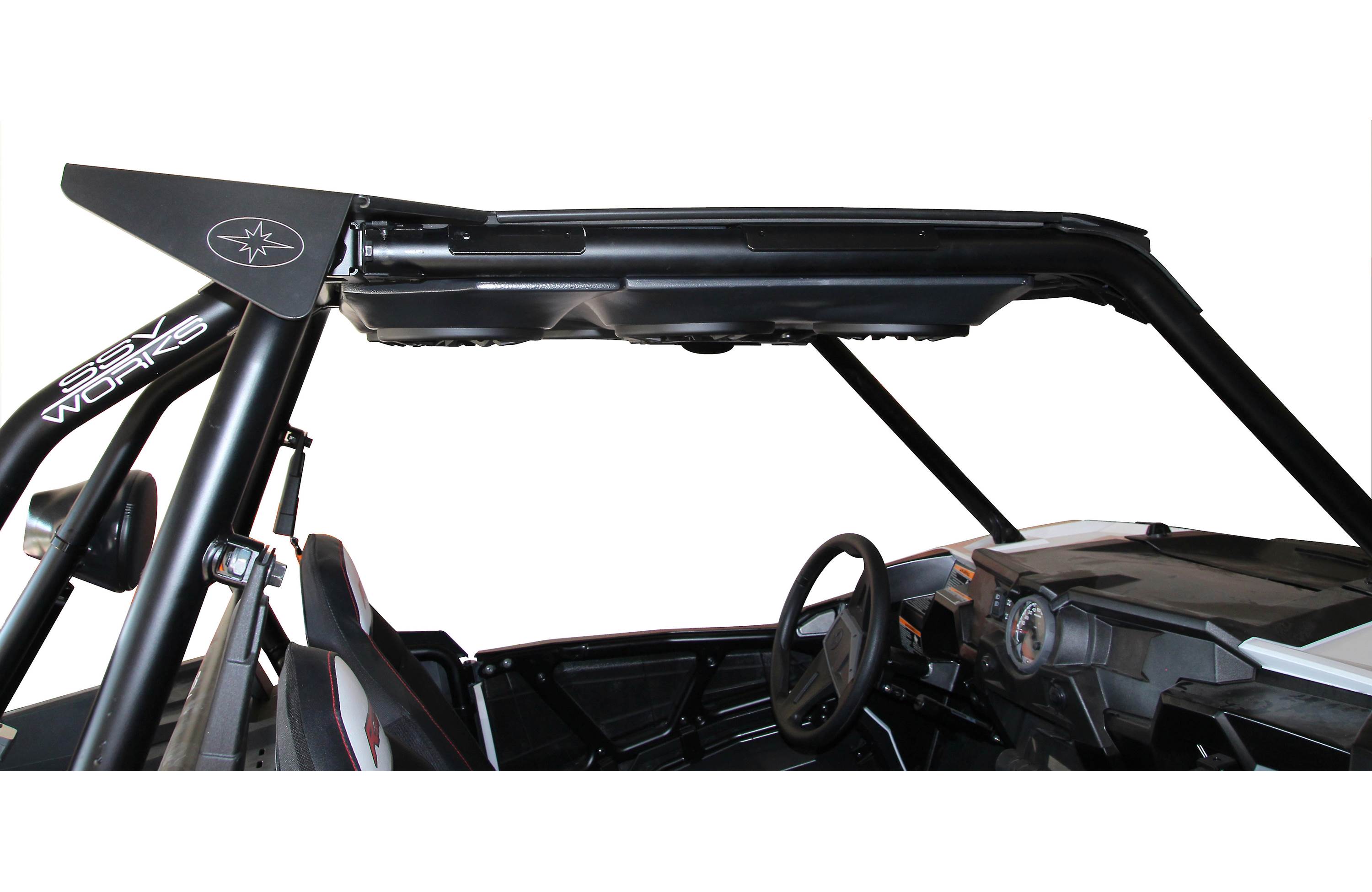 SSV Works 170-WP3-RZ3O4A Custom-fit overhead soundbar with a digital media receiver and four WP-A6 speakers — designed to fit in select Polaris RZR 2-seaters