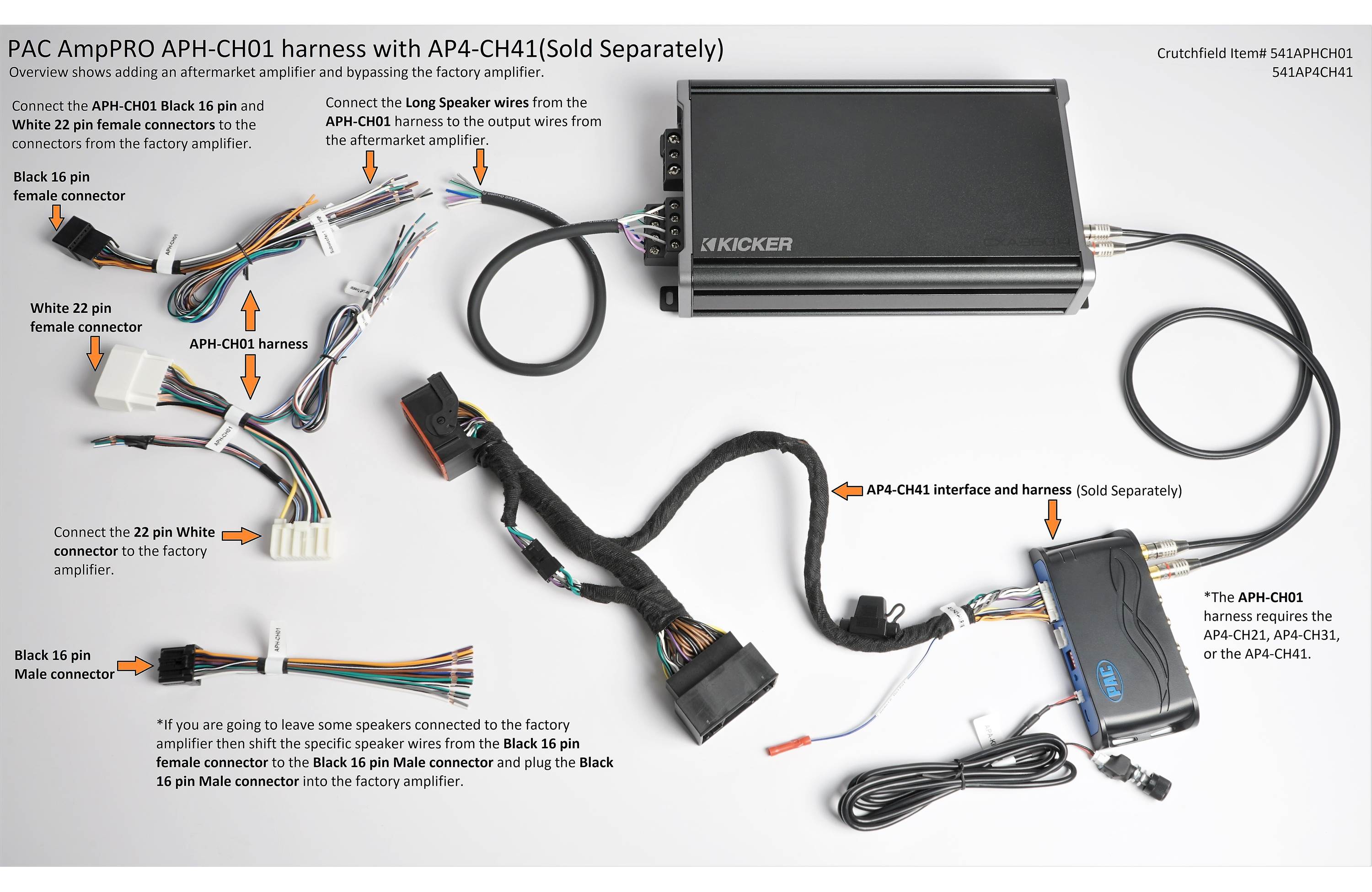 PAC APH-CH01 AmpPro Harness in select 2007-2018 Chrysler, Dodge, Jeep, and RAM vehicles with factory amp