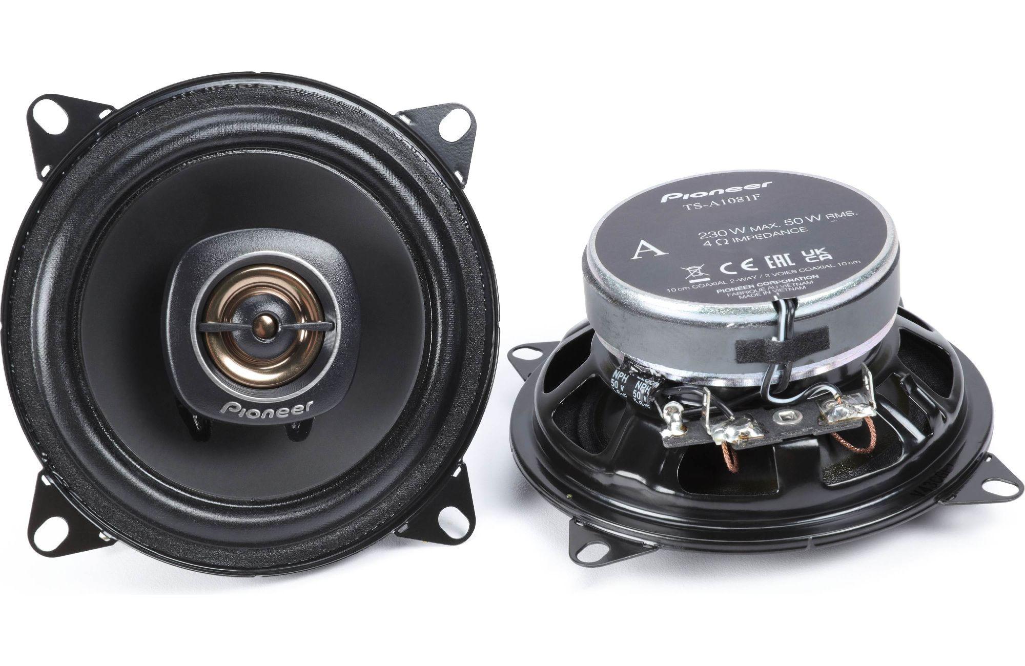PIONEER TS-A1081F, 2-Way Coaxial Car Audio Speakers, Full Range, Clear Sound Quality, Easy Installation and Enhanced Bass Response, Black and Gold Colored 4” Round Speakers