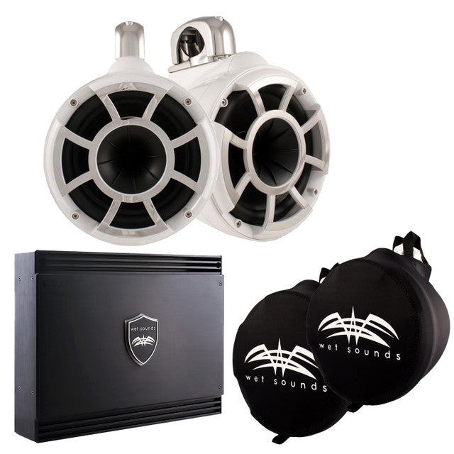 Wet Sounds White REV 10 Fixed Clamp Tower Speakers with Wet Sounds SD2 1250 Watt Amplifier & Suitz Speaker Covers
