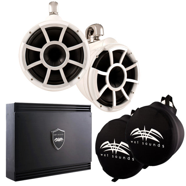 Wet Sounds White REV 10 Swivel Clamp Tower Speakers with Wet Sounds SD2 1250 Watt Amplifier & Suitz Speaker Covers